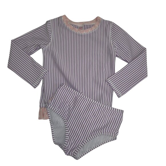 RuffleButts  Girls 4T 2-Pc Rash Guard Swimsuit Set Purple & Pink Stripes 3850 - Picture 1 of 9